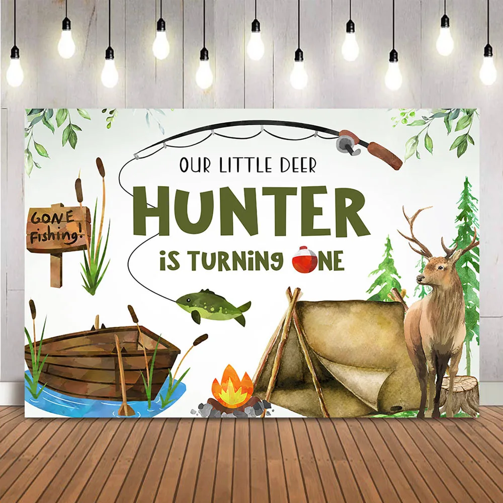 Outdoor Adventure Background - Hunting Fishing Birthday Backdrop Deer Fish